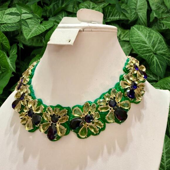 RSVP Talbots Fabric-Backed Green Blue Floral Necklace - Picture 1 of 8